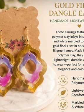 Handmade Gold-Finish Dangle Earrings with Purple & Pink Inlay